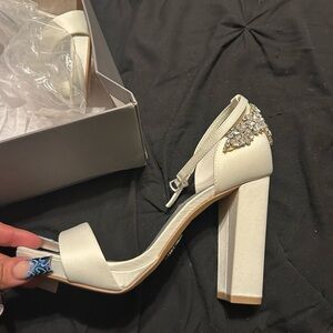 Vera Wang Cream Block Heel Sandals with Embellishments